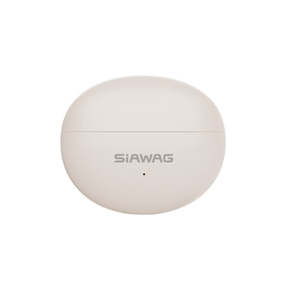 Siawag Clip01 lightweight ENC earbuds in beige with charging case on white background