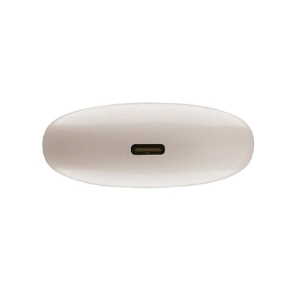 Side view of Siawag Clip01 lightweight ENC earbuds in beige with charging case on white background
