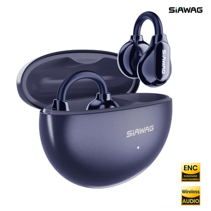 Siawag Clip01 lightweight ENC earbuds in blue with charging case on white background
